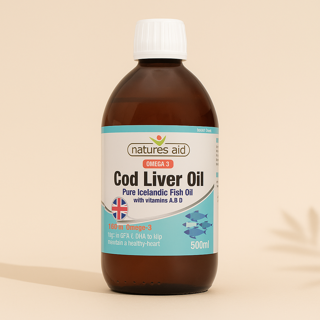 Front view of Natures Aid Cod Liver Oil Liquid with Vitamins A & D – 500ml