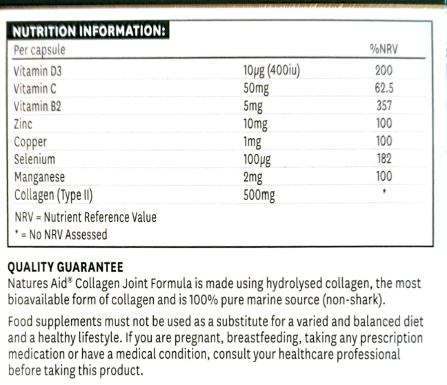 A close-up of a supplement label showing a nutrition information table for Natures Aid Collagen Joint Formula, with per-capsule nutrients and a quality guarantee section below.