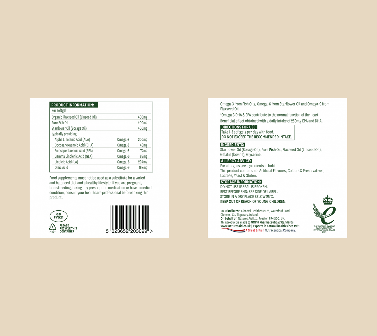 Natures Aid Complete EFA Omega 3 6 9 90 Capsules manufacturer label information