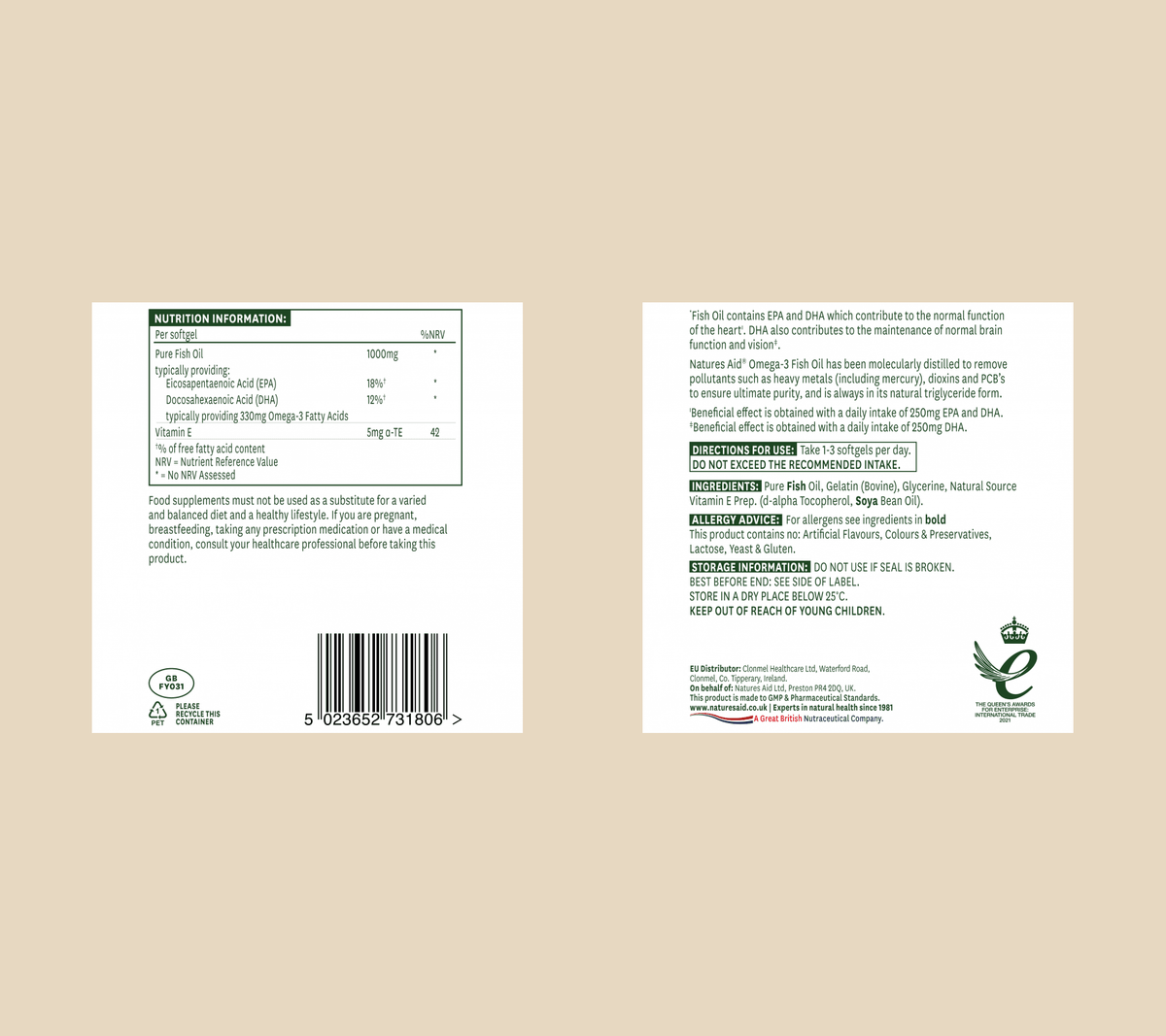 Natures Aid Fish Oil 1000mg 180 Capsules manufacturer label information