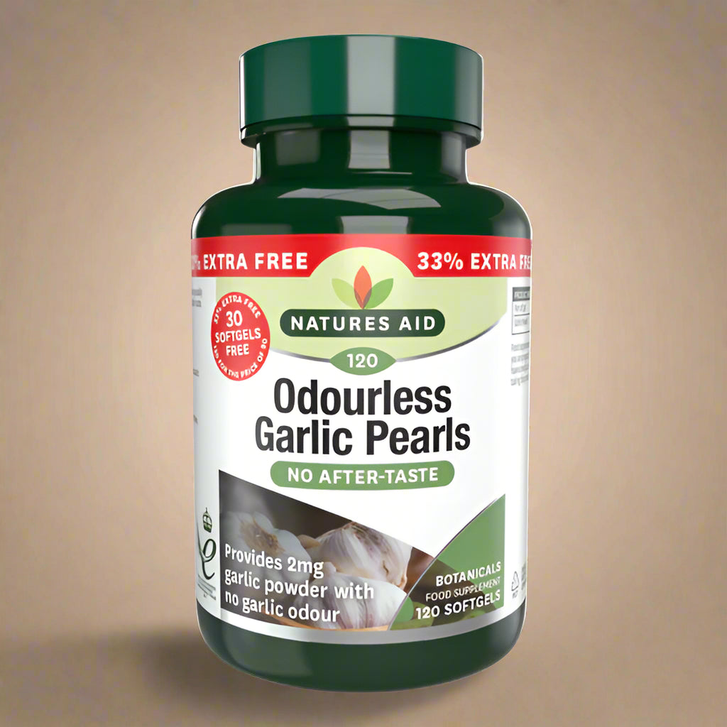 Front view of Natures Aid Garlic Pearls Odourless – 33% bottle