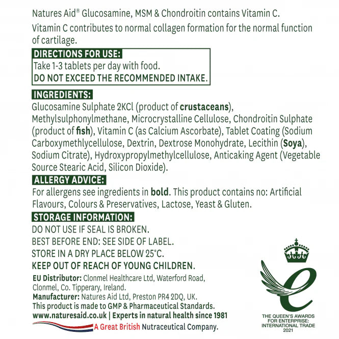 Supplement facts of Glucosamine, MSM, and Chondroitin from Natures Aid