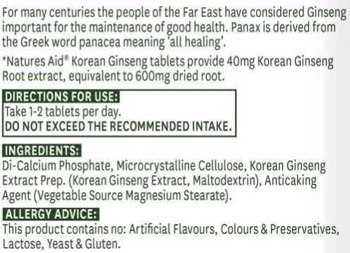 Product label for Natures Aid Korean Ginseng tablets with directions, ingredients, and allergy information.