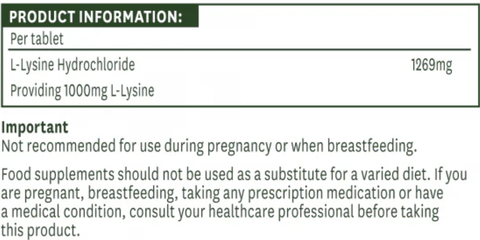 Product information label for L-Lysine Hydrochloride tablets with dosage details and safety warnings.