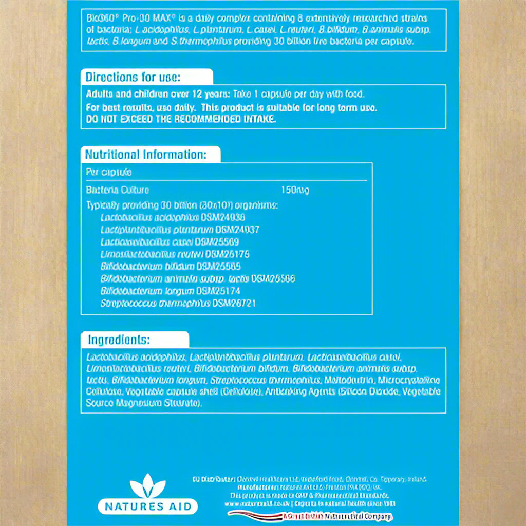 Ingredients and information label of PRO-30 Max Probiotic supplement