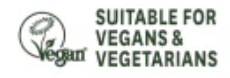 Logo indicating suitability for vegans and vegetarians with a green leaf symbol.