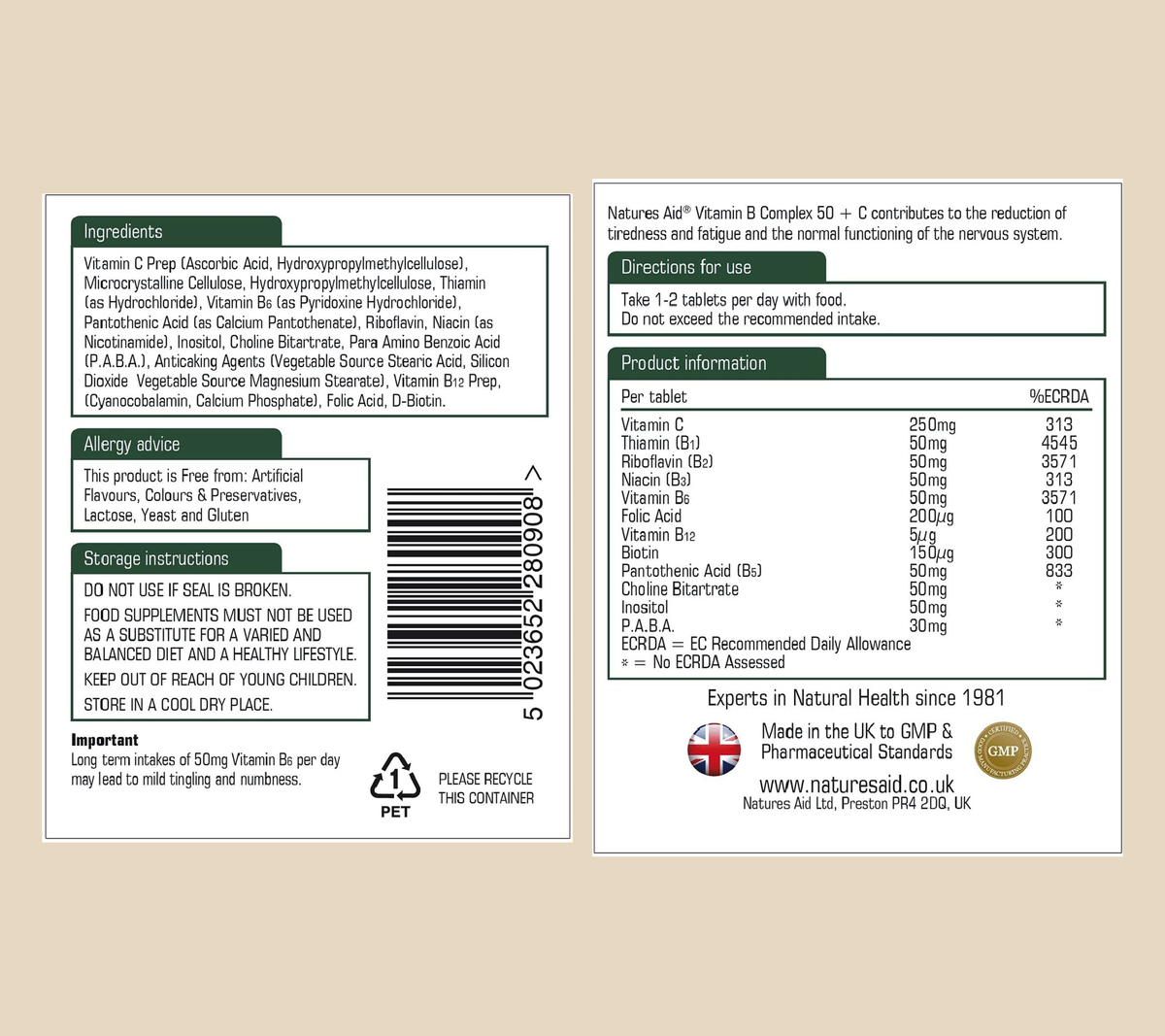 Natures Aid Vitamin B Complex 50 + C 90 Tablets manufacturer label information