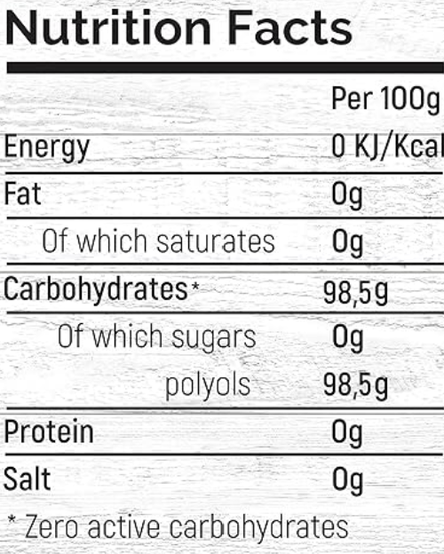 Nutrition facts label for a product with 98.5g of carbohydrates per 100g.