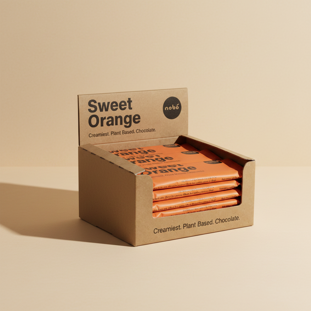 A cardboard display box filled with individually wrapped chocolate bars labeled 'Sweet Orange' and the 'nobo' brand logo, photographed on a clean white background.
