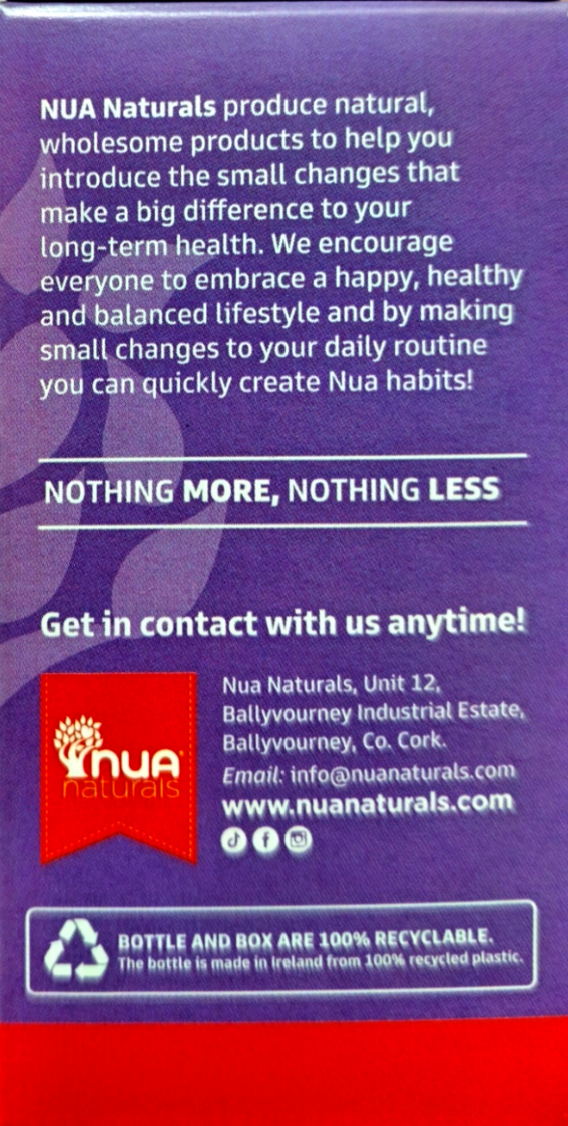 The back of a NUA Naturals product box, featuring a purple background with white text, a red logo, and recycling information at the bottom.