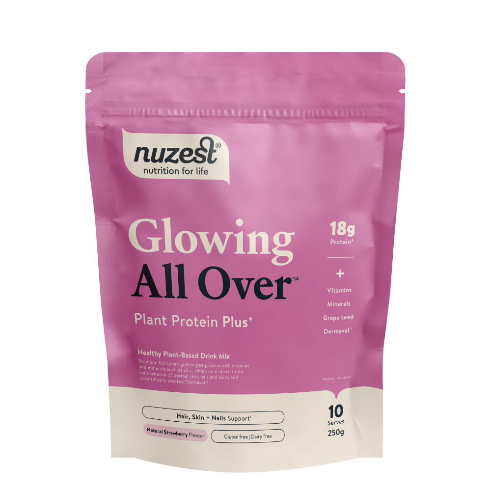 Nuzest Glowing All Over Strawberry 250g front label with plant protein and Dermaval.