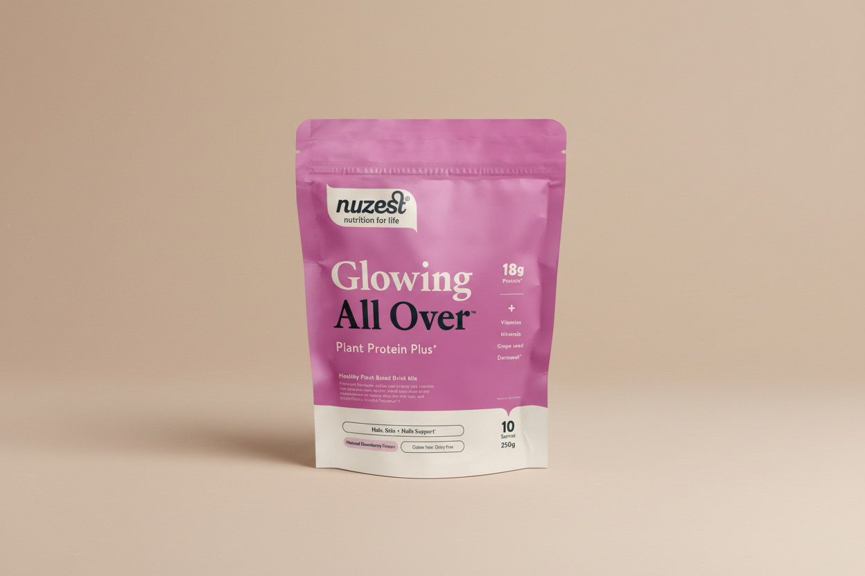 Nuzest Glowing All Over Strawberry 250g front label with plant protein and Dermaval.