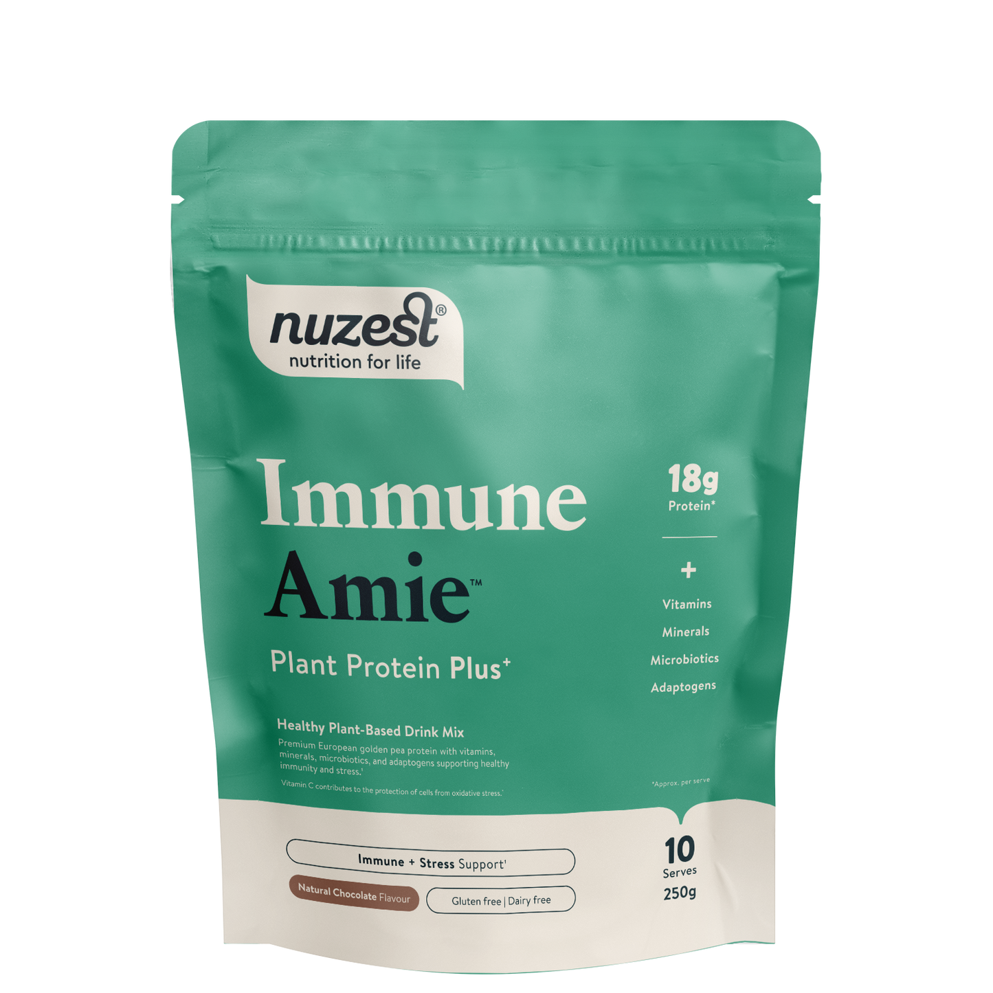 "Front view of Nuzest (EM) Immune Amie Chocolate, 250g resealable bag."