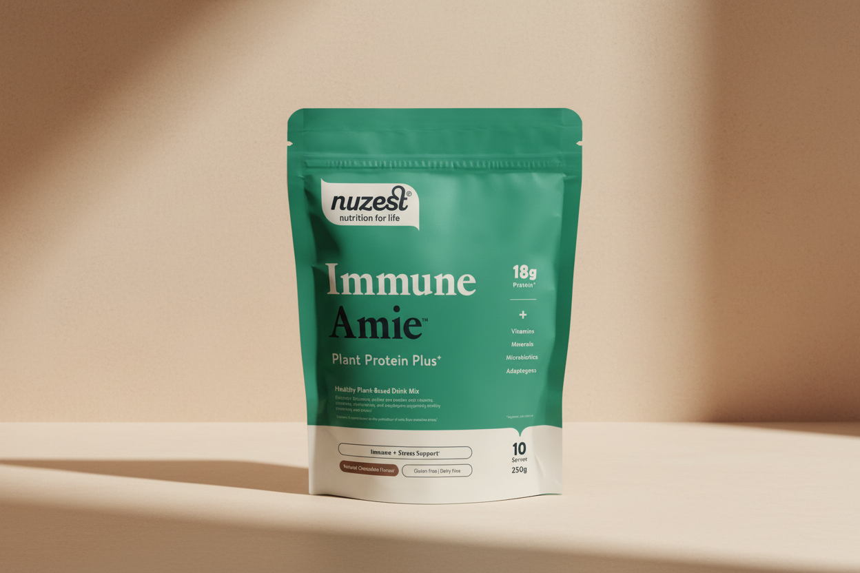 "Front view of Nuzest (EM) Immune Amie Chocolate, 250g resealable bag."