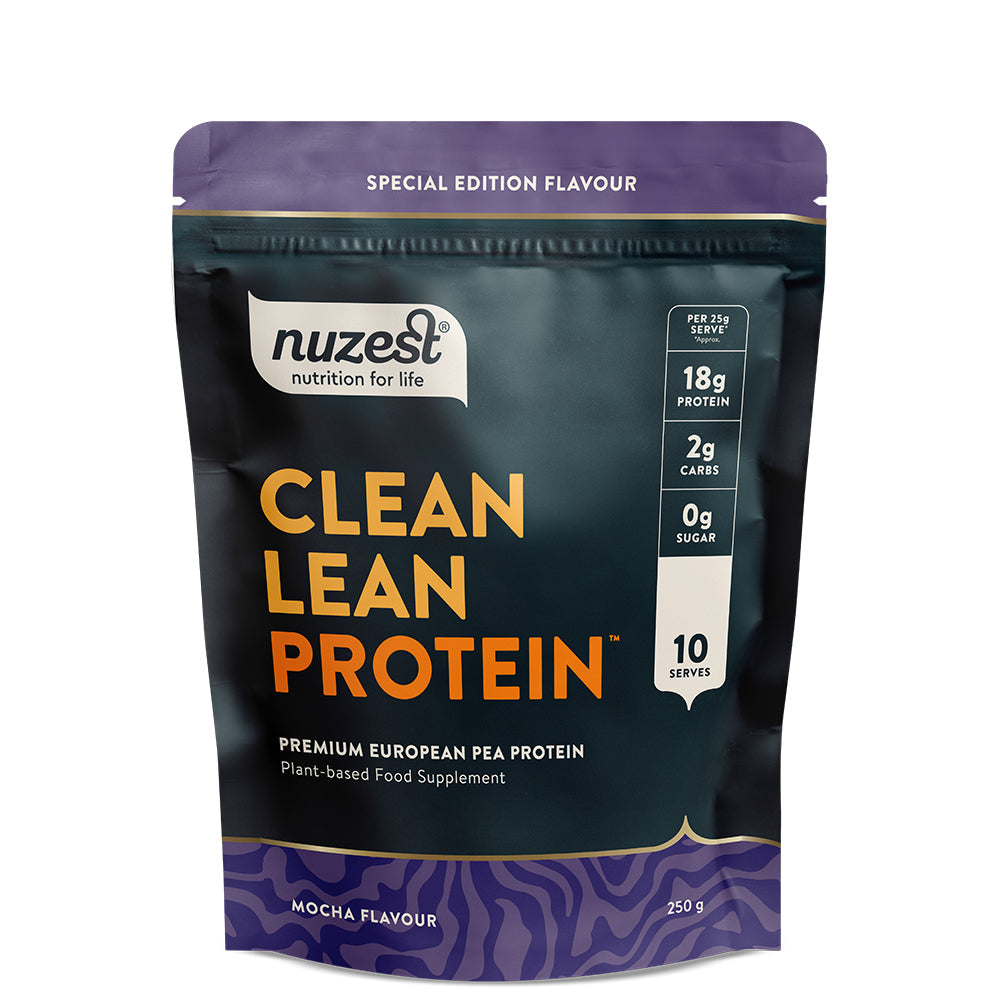 Front view of Nuzest Mocha Clean Lean Protein 250g tub – Limited Edition vegan protein