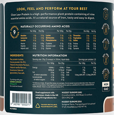 Open Tub of Nuzest Rich Chocolate Protein – Powder and Scoop