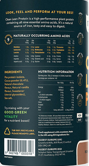 Open Tub of Nuzest Rich Chocolate Protein – Powder and Scoop