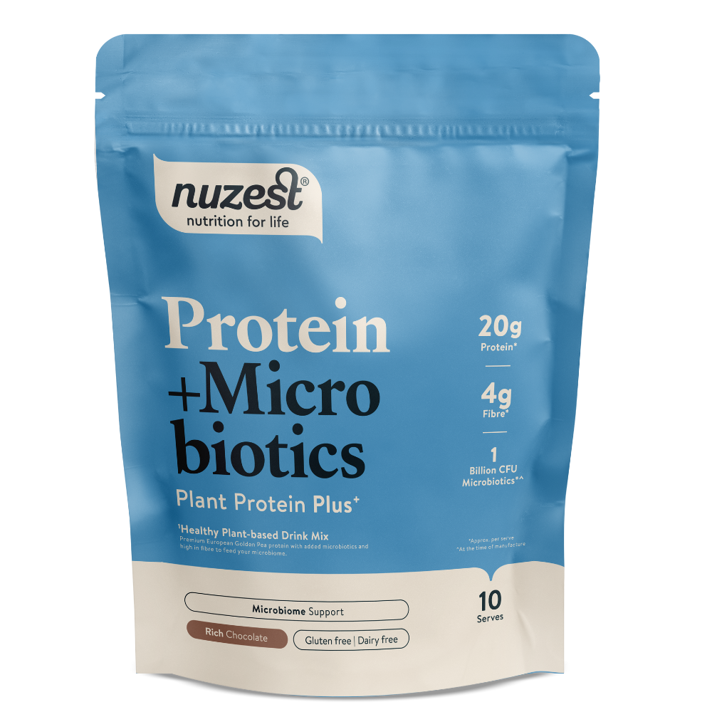 Front of Nuzest Rich Chocolate Protein & Microbiotic 300g tub featuring clean-label protein blend
