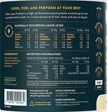 Open Tub of Nuzest Smooth Vanilla Protein – Powder and Scoop