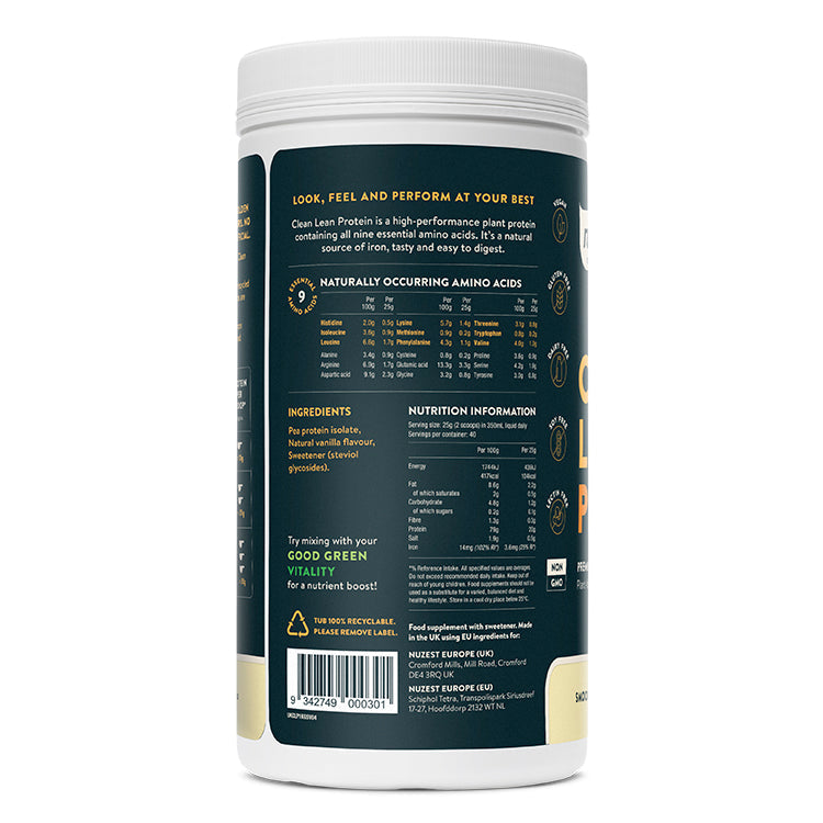 Open Tub of Nuzest Smooth Vanilla Protein – Powder and Scoop