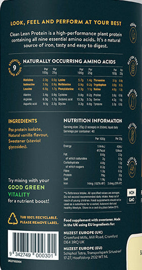 Open Tub of Nuzest Smooth Vanilla Protein – Powder and Scoop