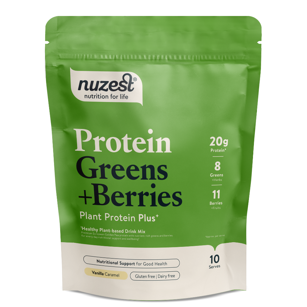 Front view of Nuzest Vanilla Caramel Protein Greens & Berries 300g tub
