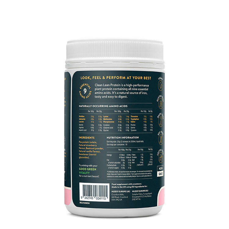 Nutritional information on Nuzest Wild Strawberry Clean Lean Protein