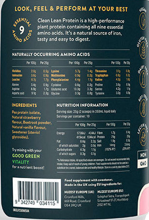 Nutritional information on Nuzest Wild Strawberry Clean Lean Protein