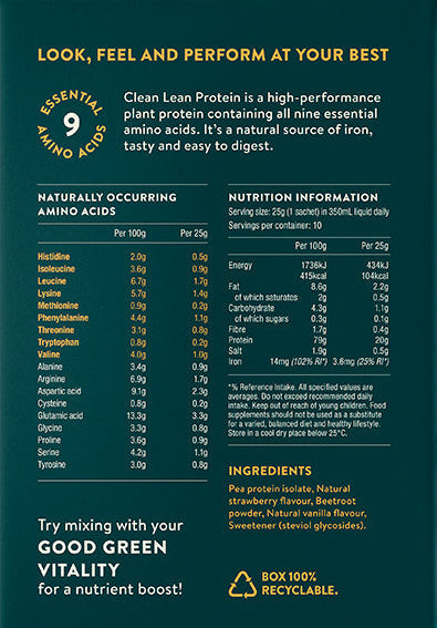 Ingredients list of Nuzest Wild Strawberry Clean Lean Protein Sachets