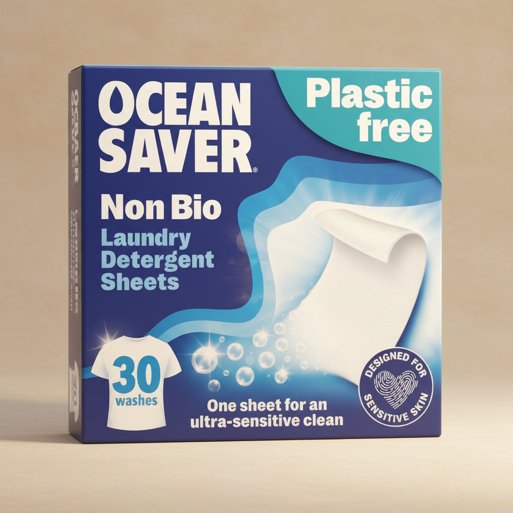 Ocean Saver laundry detergent sheets packaging with blue and white design.