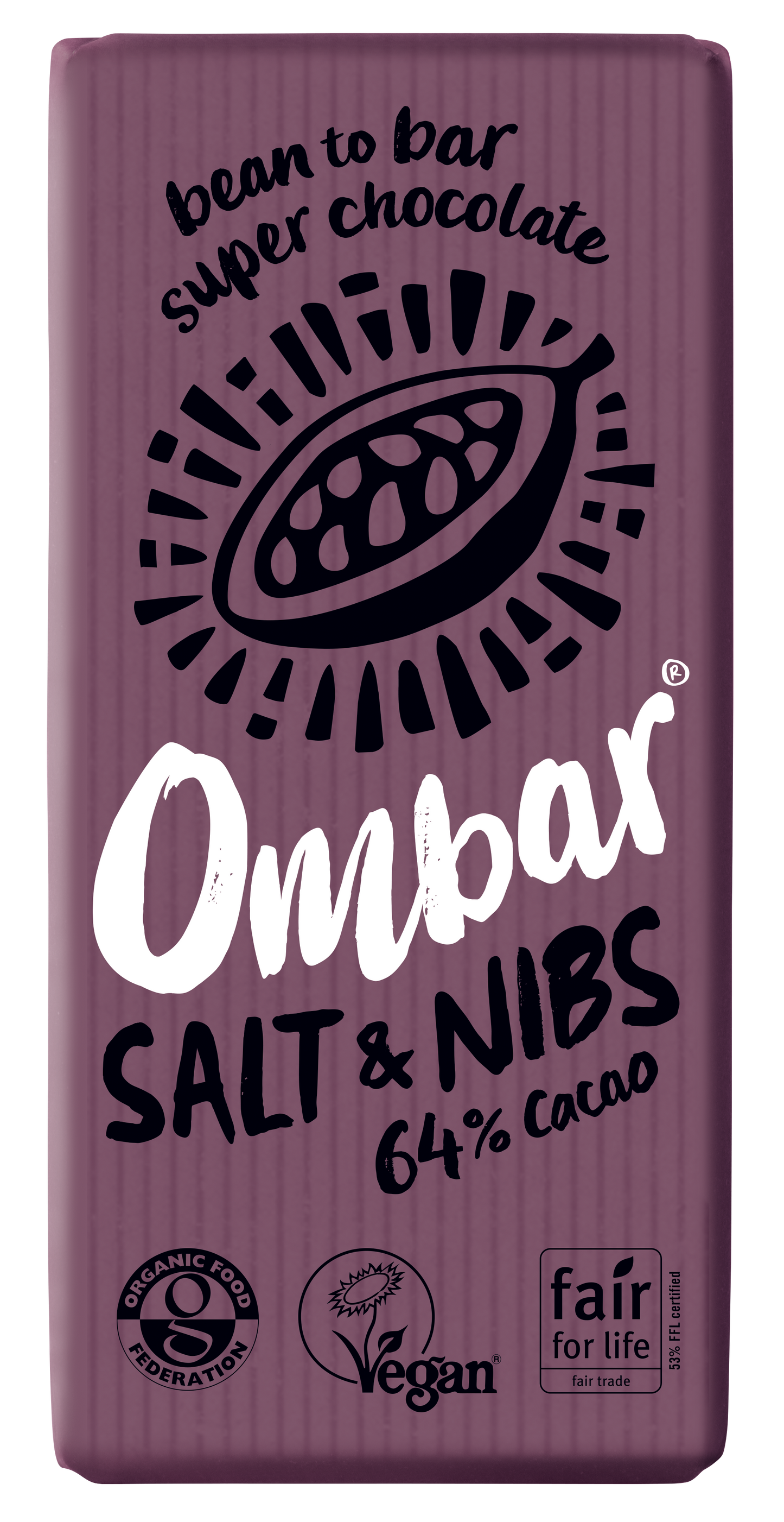 "Front view of Ombar Salt & Nibs 64% Dark Chocolate bar, Full Case (10x70g), with crunchy cacao nibs and Kalahari Desert salt."