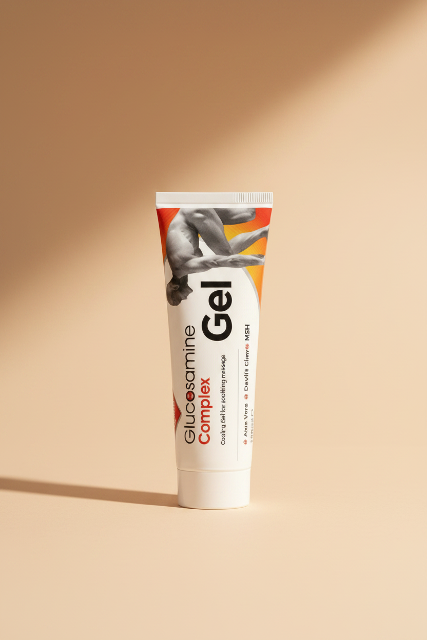 A white squeeze tube of Glucosamine Complex Gel with orange and black text, featuring a muscular male torso graphic on the upper half, set against a plain white background.