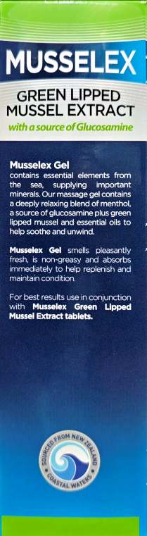 A close-up of the back of a Musmelex Green Lipped Mussel Extract package, showing a dark blue background with white and green text and a circular product information graphic near the bottom.