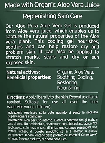 A dark green informational panel with white text describing Aloe Pura Aloe Vera Gel, its benefits, directions, and natural active ingredients.