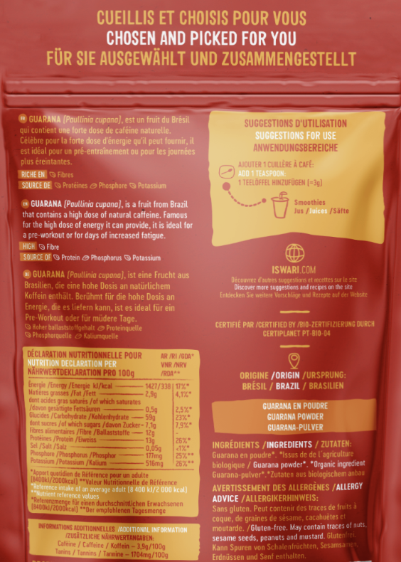 Product packaging with text and nutritional information on a red background