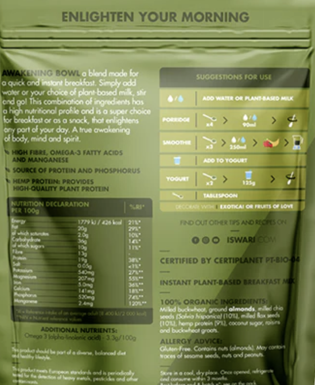 Green package of a plant-based breakfast mix with nutritional information and usage instructions.
