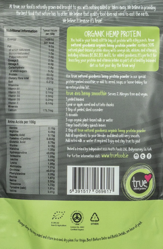 Back panel of a True Food Company organic hemp protein powder bag, showing nutritional information, product description, ingredients, barcode, and logos on a green background.