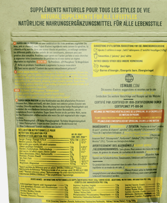Supplement package with nutritional information and ingredients list on a green background
