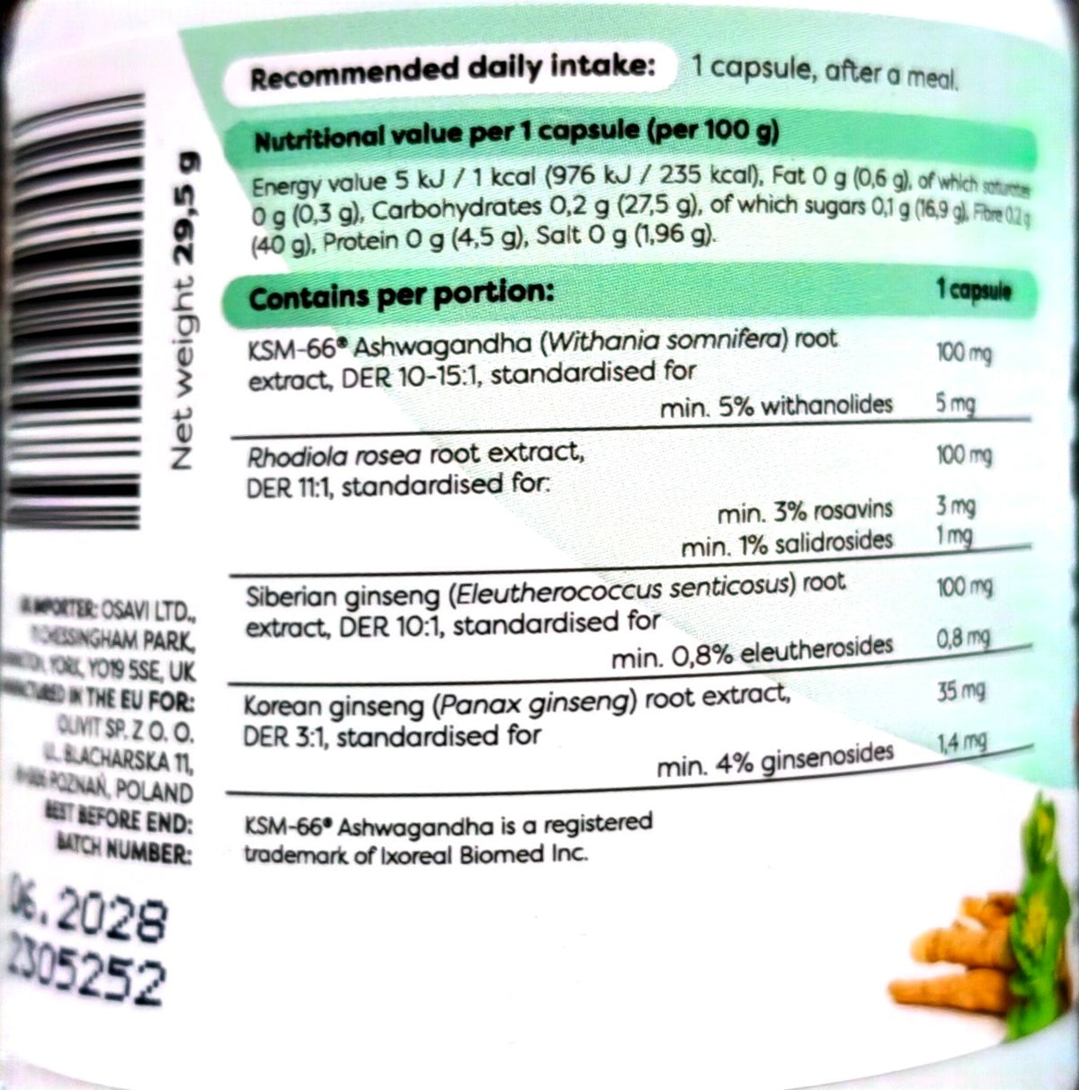 Osavi Ashwagandha Rhodiola and Ginseng extract amounts and one-capsule daily directions label