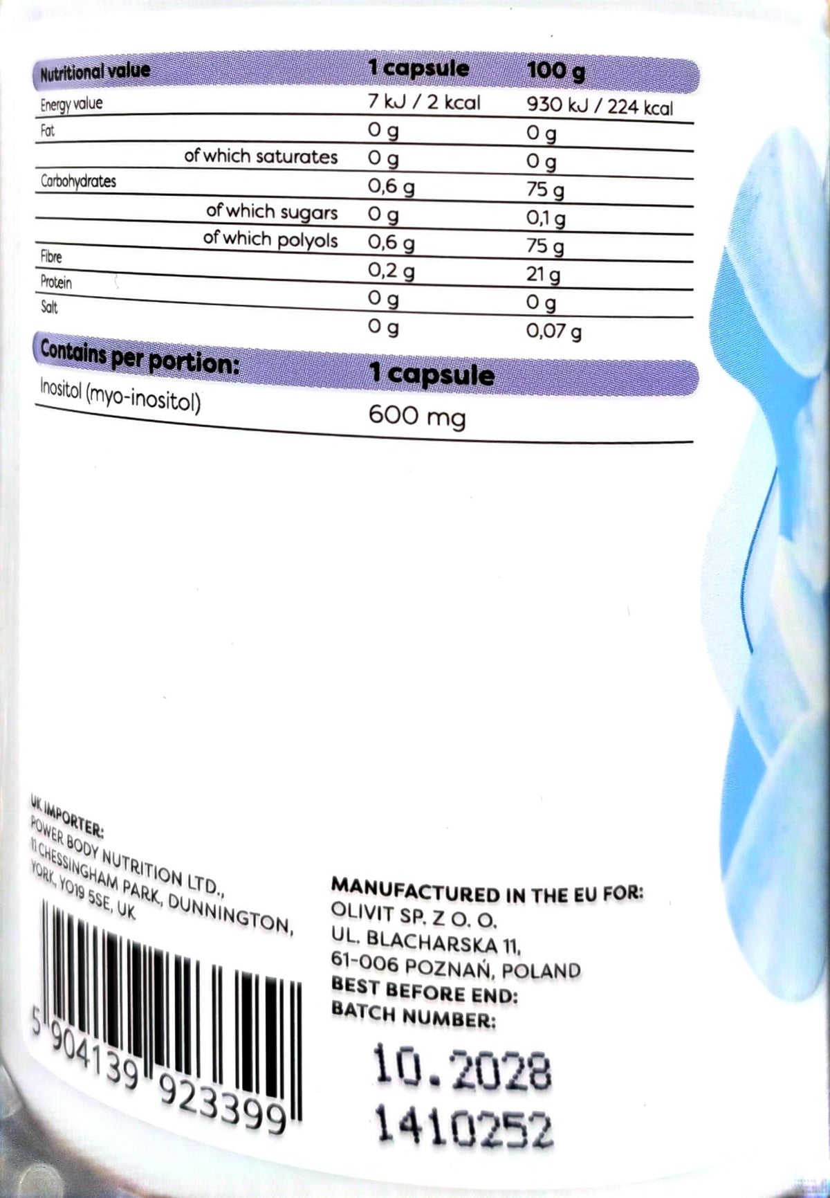 Osavi Inositol 600mg nutrition label showing 600mg myo-inositol per capsule