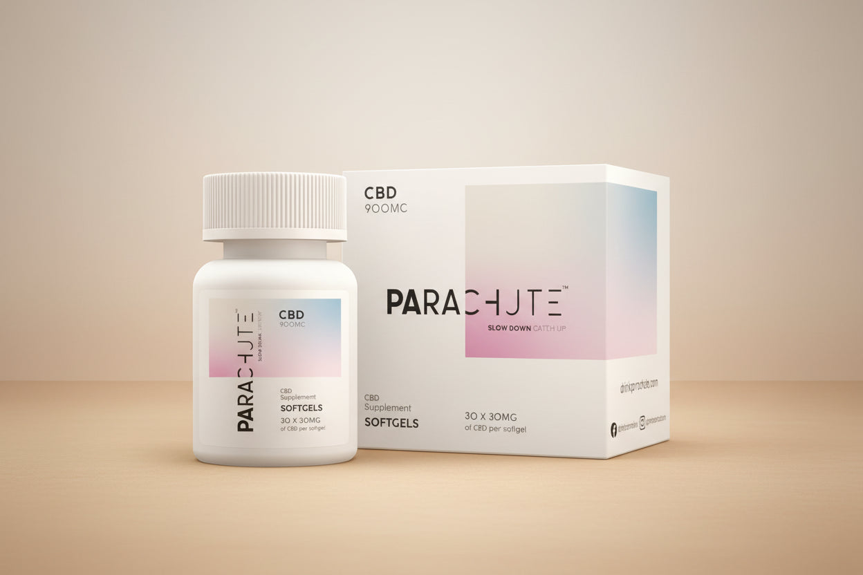 Parachute CBD softgels bottle and packaging on a white background