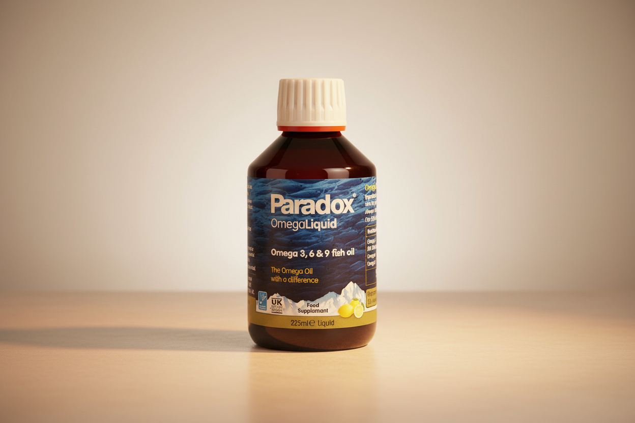Paradox OmegaLiquid fish oil bottle on a white background
