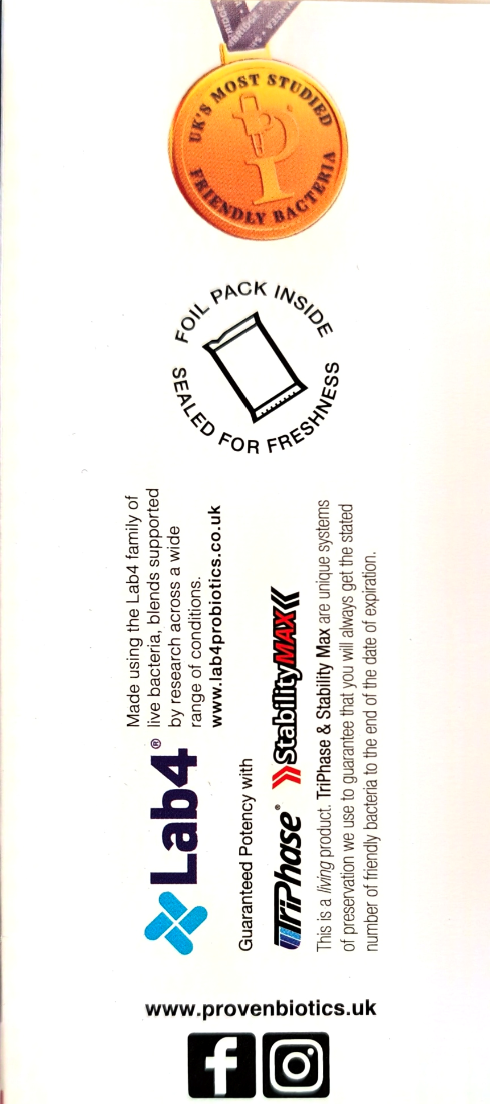 Back of a Proven Biotics product box showing a gold medal illustration, text about the foil pack being sealed for freshness, Lab4 branding, website URL, and social media icons on a white background.