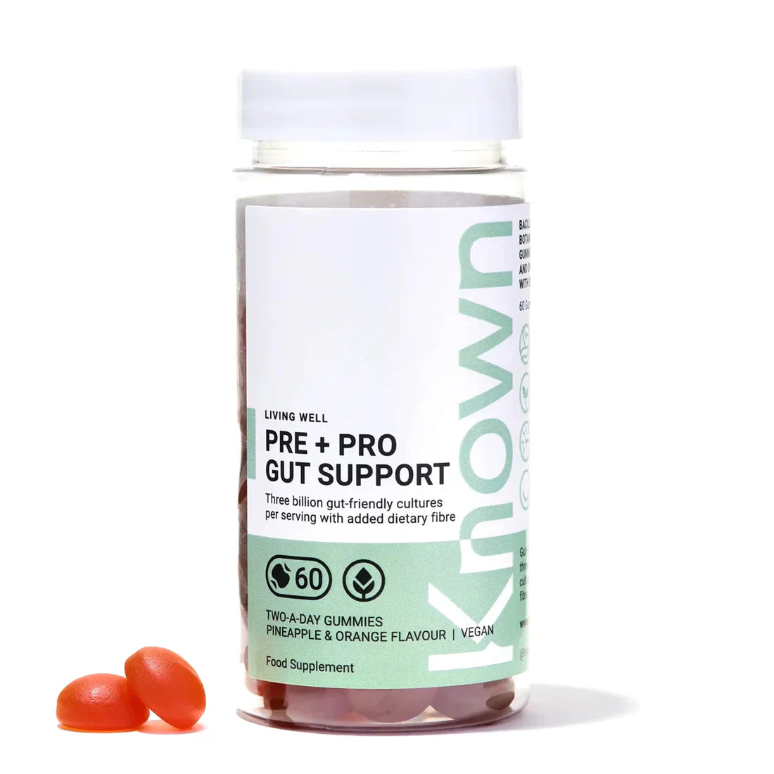 "Front view of Known Pre+Pro Gut Support Gummies VEGAN, 60-count bottle with a couple of gummies around it."