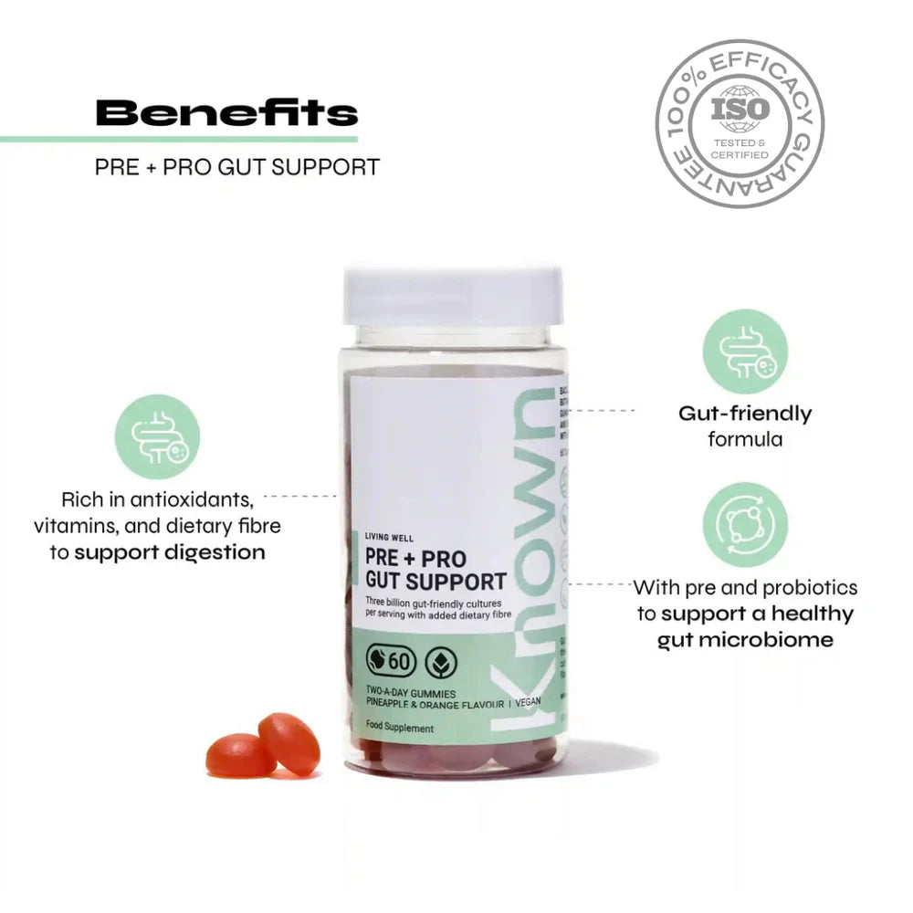"Known Pre+Pro Gut Support Gummies VEGAN bottle highlighting gut health support, digestion balance, and microbiome nourishment."