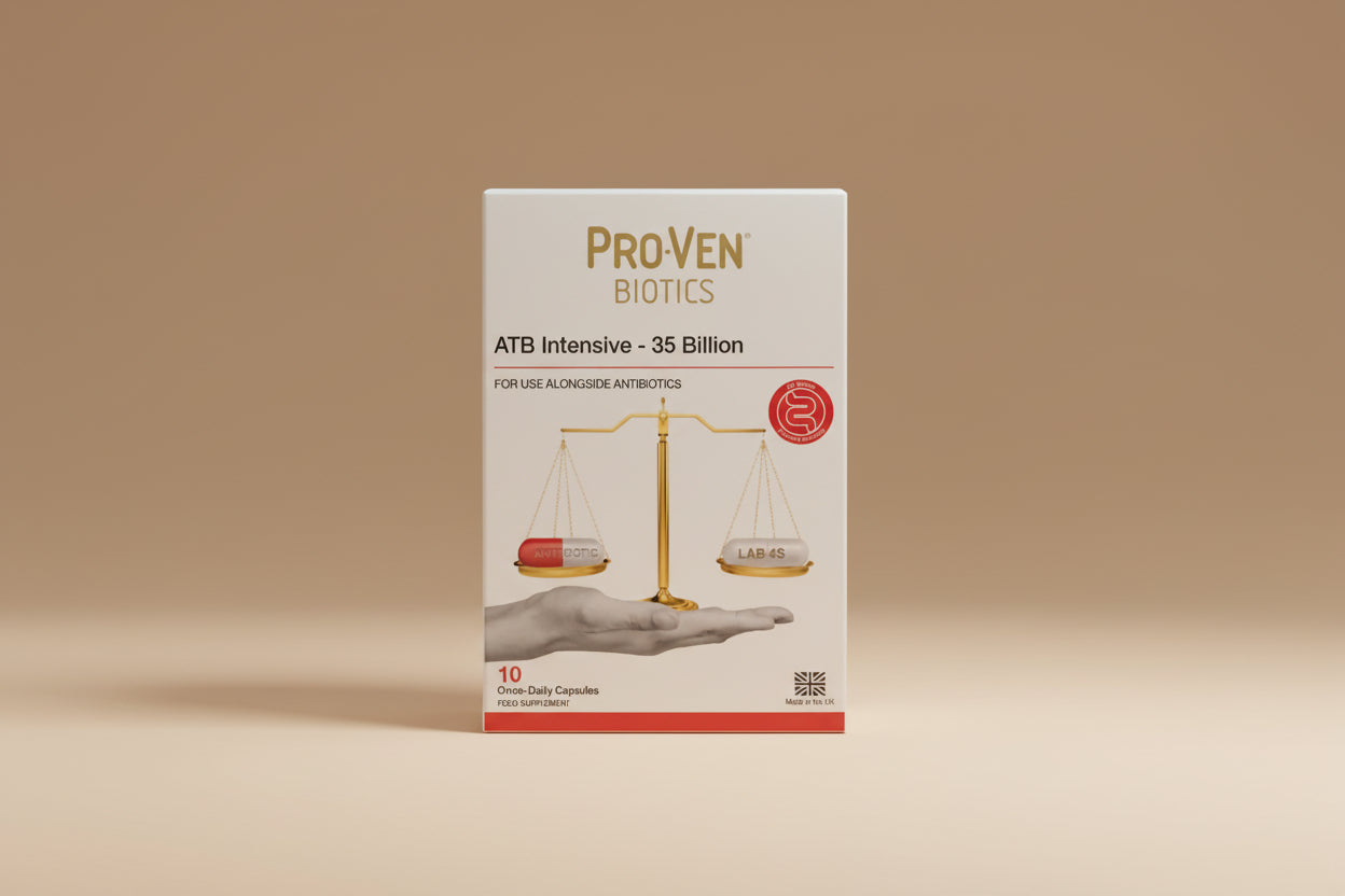 Proven Biotics ATB Intensive supplement packaging with a hand holding a balance scale.