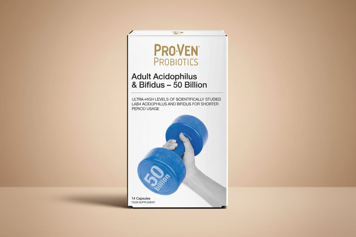 ProVen Probiotics package with blue dumbbells on a white background