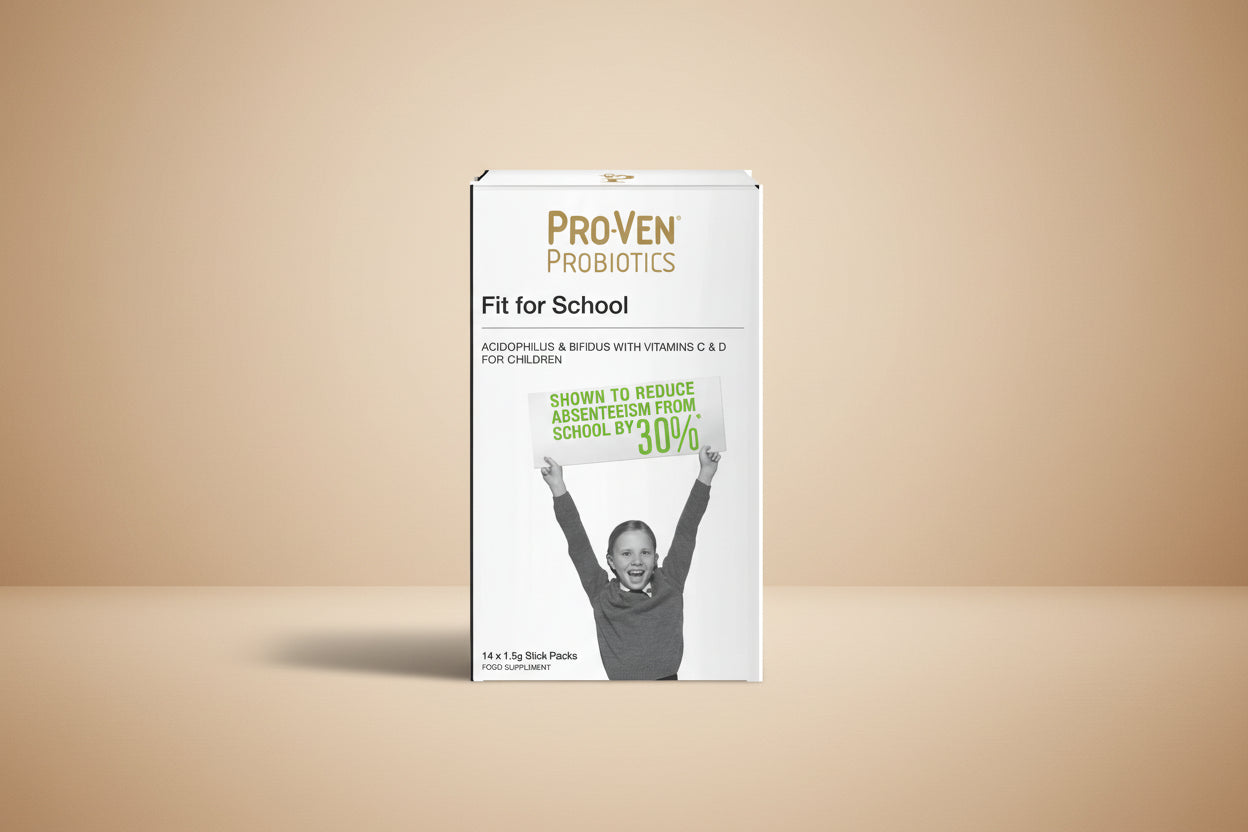 Proven Probiotics packaging for children with a child holding a sign about reduced absenteeism.