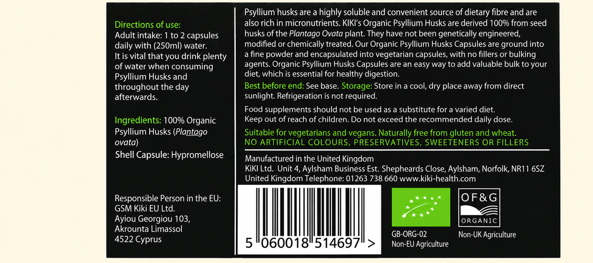 Kiki Psyllium Husks – 120 Capsules — complete readable product label