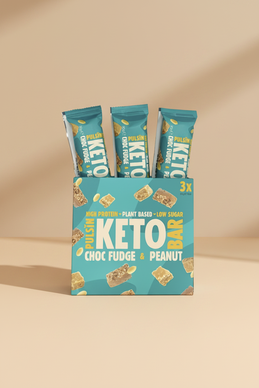 Keto chocolate fudge and peanut bars packaging on a blue background